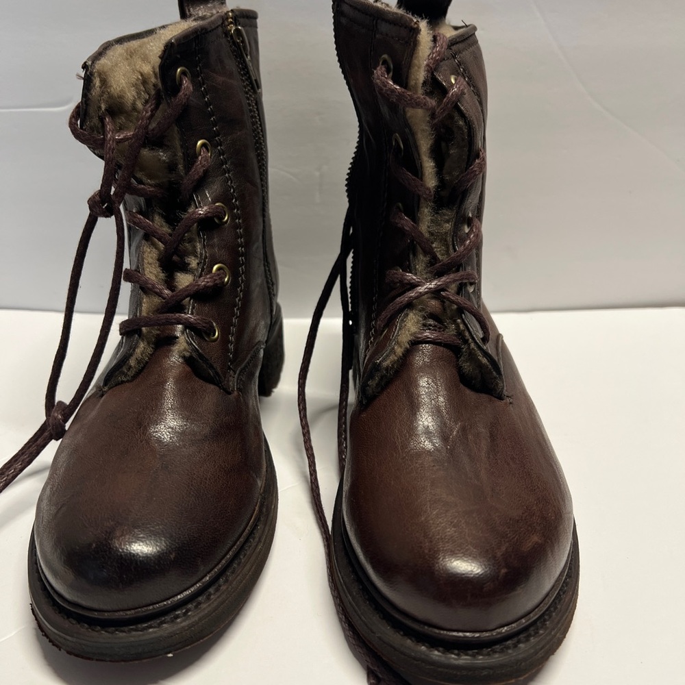 Frye Brown Leather Faux Fur Lined Lace-Up Combat Boots